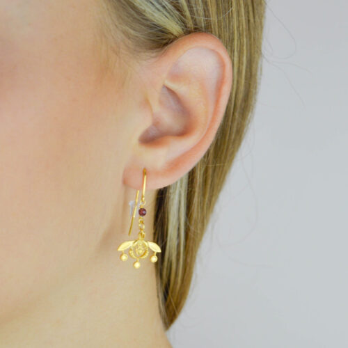Vintage Art Deco Bee Earrings Dainty Gold Drop Earrings Minoan Crete Replica Earrings Dangling Lightweight Earrings Tiny Garnet Earrings 8