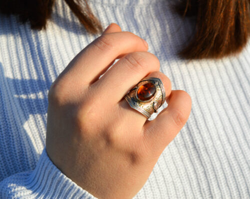 Baltic Amber Ring Solitaire Amber Ring Genuine Amber Gemstone Wide Band Ring Silver Carved Ring Boho Amber Jewelry Gift For Her 1