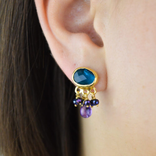 Blue Topaz Stud Earrings Tiny Gemstone Stud Earrings Amethyst Beaded Gemstone Earrings Silver Dainty Tiny Charm Earrings Gift For Her