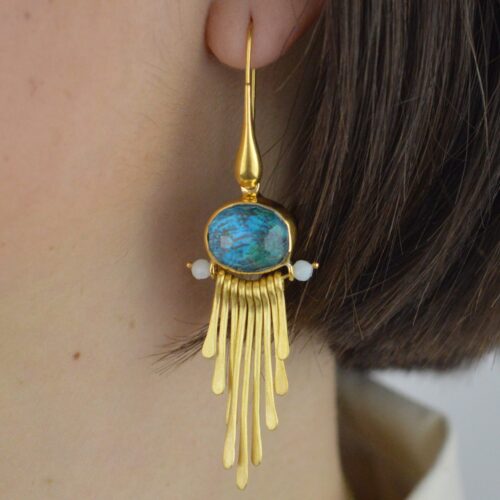 Chrysocolla Dangle Earrings Long Dangle Gemstone Earrings Silver Art Deco Oversized Earrings Large Statement Earrings Gift For Her