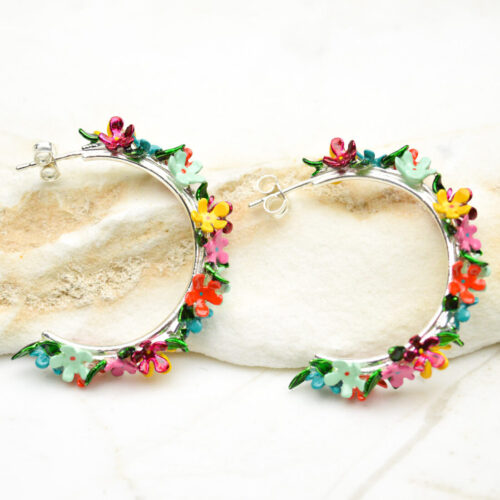Floral Hoop Earrings Flower Hoop Earrings Open Hoop Earrings Multicolour Hoop Earrings For Woman Sterling Silver Hoops Gift For Her 1 2
