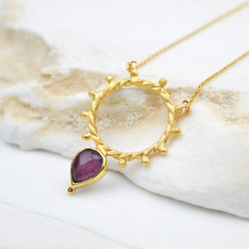 Ruby Doublet Gemstone Necklace Silver Handmade Wheel Necklace Large Statement Charm Necklace Gift For Her Layer Beaded Necklace 5