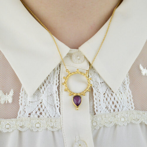 Ruby Doublet Gemstone Necklace Silver Handmade Wheel Necklace Large Statement Charm Necklace Gift For Her Layer Beaded Necklace