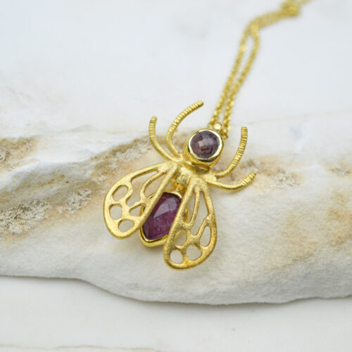 Vintage Bee Necklace Ruby Amethyst Gemstone Necklace Art Deco Necklace Layer Beaded Necklace Statement Charm Necklace Gift For Her 3