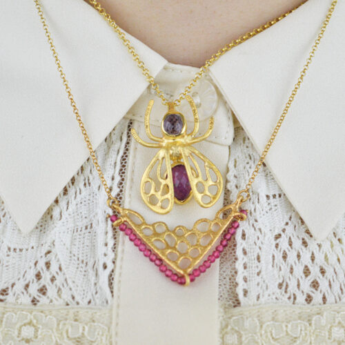 Vintage Bee Necklace Ruby Amethyst Gemstone Necklace Art Deco Necklace Layer Beaded Necklace Statement Charm Necklace Gift For Her