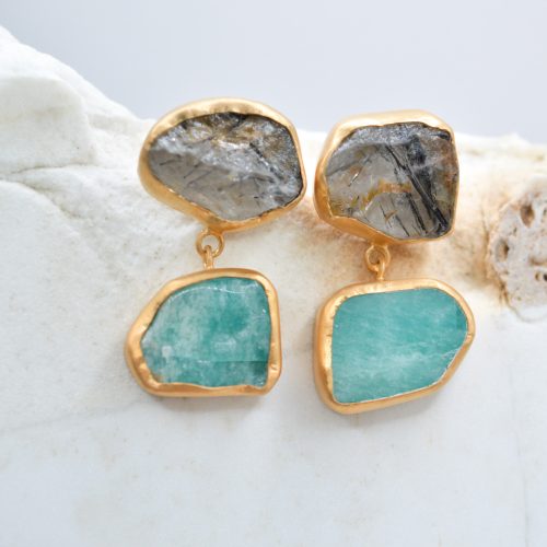 AMAZONITE EARRINGS, Silver Dangle Rough Gemstone Earrings, Statement Earrings, Rutilated Quartz Earrings, Gift For Her, Beaded Earrings 1