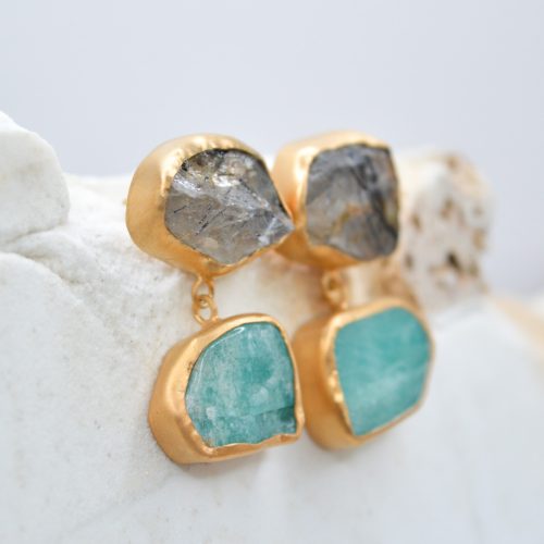 AMAZONITE EARRINGS, Silver Dangle Rough Gemstone Earrings, Statement Earrings, Rutilated Quartz Earrings, Gift For Her, Beaded Earrings 2