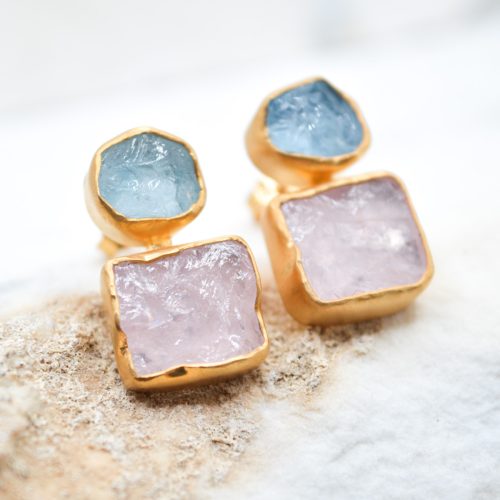 AQUAMARINE EARRINGS, Silver Minimalist Rough Gemstone Earrings, Statement Earrings, Rose Quartz Earrings, Gift For Her, Beaded Earrings 2