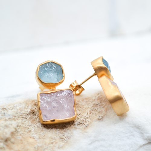 AQUAMARINE EARRINGS, Silver Minimalist Rough Gemstone Earrings, Statement Earrings, Rose Quartz Earrings, Gift For Her, Beaded Earrings 3