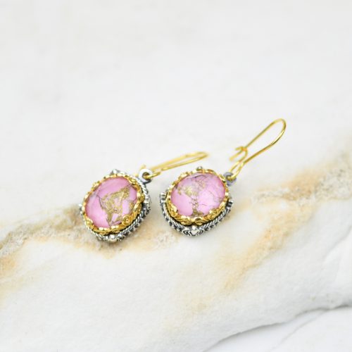 Art Deco Pink Copper Earrings, Dangle Earrings, Silver Earrings, Gemstone Statement Earrings, Gift For Her, Gemstone Hanging Earrings