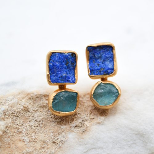 LAPIS LAZULI EARRINGS, Apatite Earrings, Rough Stone Silver Earrings, Minimalist Gold Stud Earrings, Statement Unique Earrings 4