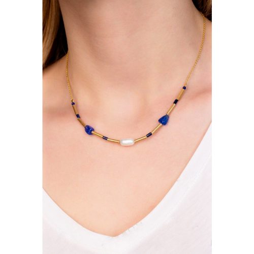 Lapis Lazuli and Pearl Necklace, Coin Charm Pendant, Gold Charm Necklace, Summer Necklace, Tiny Bead Necklace, Silver Necklace, Gift For Her