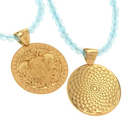 Medusa Necklace, Coin Charm Pendant, Gold Charm Necklace, Summer Necklace, Aquamarine Beaded Necklace, Silver Necklace, Gift For Her 1