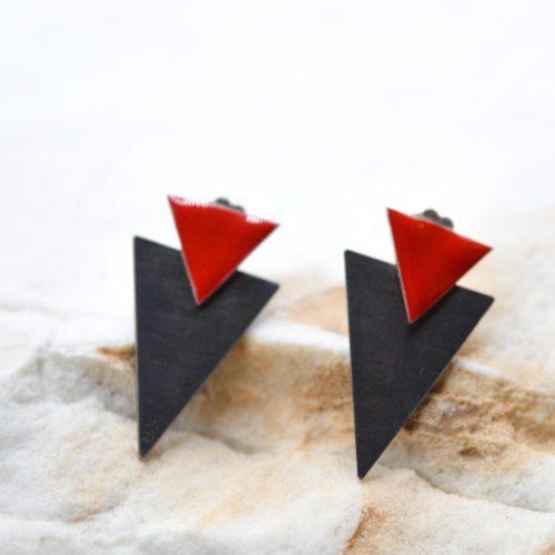 Minimalist Stud Earrings, Handmade Silver Earrings, Unique Earrings, Red Enamel Earrings, Small Stud Earrings, Classy Earrings, Gift For Her 2