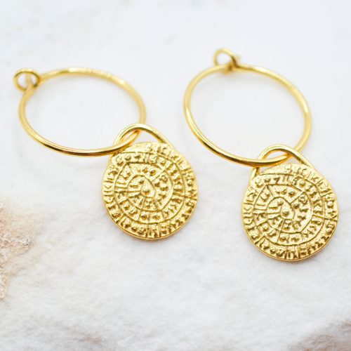 PHAISTOS DISC EARRINGS, Minimalist Dangle Earrings, Dainty Gold Earrings, Sterling Silver Mini Huggie Earrings, Gift For, Greek Earrings 3