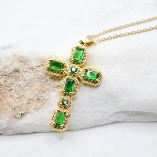 Gold Large Cross Necklace, Statement Cross Necklace, Green Zircon Necklace, Sterling Silver Necklace, Gift For Her, Charm Pendant, Greek Necklace 1
