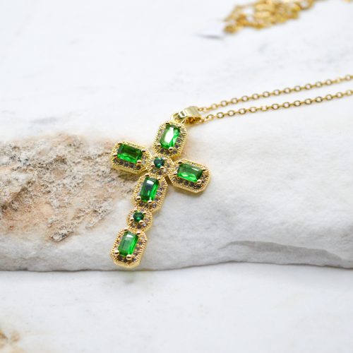 Gold Large Cross Necklace, Statement Cross Necklace, Green Zircon Necklace, Sterling Silver Necklace, Gift For Her, Charm Pendant, Greek Necklace 2
