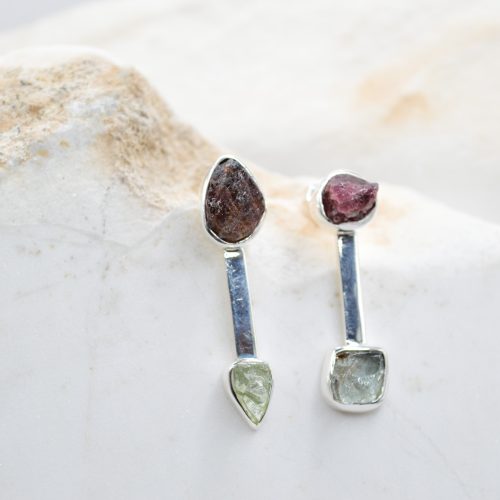 Raw Tourmaline & Aquamarine Dangle Earrings Long Silver Gemstone Crystal Statement Studs 1
